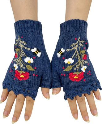 Generic Winter Gloves Warmth Crochet Mittens Handmade Knitted Fingerless with Floral Embroidery Design for Women Handwear for Daily