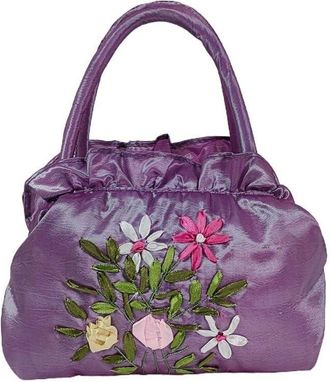 Generic Ethnic Style Tote Bag, Small Purse Wallet, Embroidery Flower Satin Silk Handbag, Zipper Flower Wrist Bag for Women Phone Cosmetic(lavender)