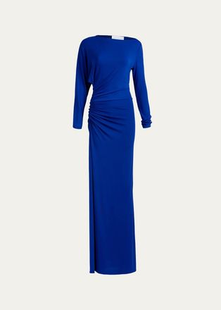 Silvia Tcherassi Laken Ruched Jersey Asymmetric Long-Sleeve Maxi Dress