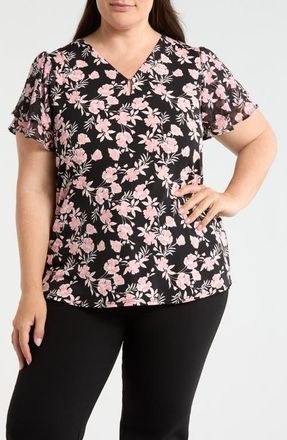 Jones New York Double Flutter Sleeve Top in Jones Black Multi at Nordstrom, Size 2 X