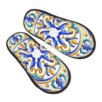 Generic Portable Mens Slipper Italian Majolica Tiles Flower Cotton Slipper Warm Womens Slippers for Hotels Winter Travel L
