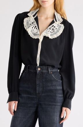 Chloé Silk Crêpe de Chine & Lace Ruffle Collar Button-Up Shirt in Black at Nordstrom, Size 10 Us