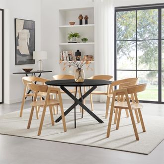 Furniturebox Novara 120cm Black Top Round Dining Table & 6 Oak Masa Chairs