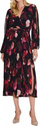 Joseph Ribkoff Pleated Chiffon Midi Wrap Dress In Black/multi Floral