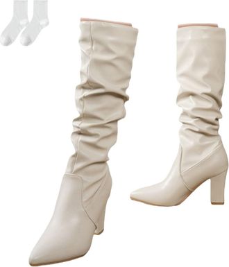 Generic Womens Knee-High Boots with High Heels, Elegant Slouch Boots with Pointed Toes in A Leather Look, Fashionable Long Boots for Everyday Wear, Leisure, A