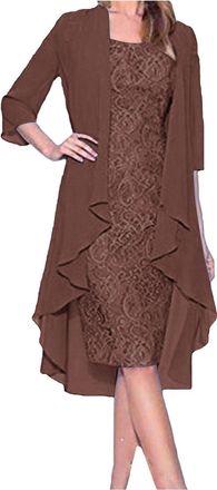 Generic Womens Two Piece Lace Mother of The Bride Dress Tea Length with Chiffon Jacket Formal Dresses 2 Pieces Outfits Elegan Wedding Guest Dresses Sets Shift