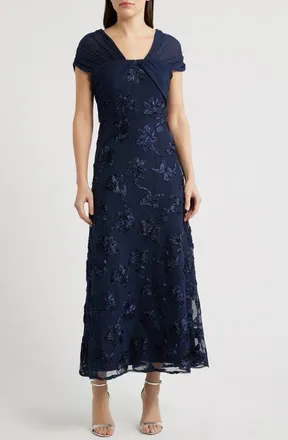 JS Collections Carolina Floral Embroidered Gown in Deep Navy at Nordstrom, Size 18