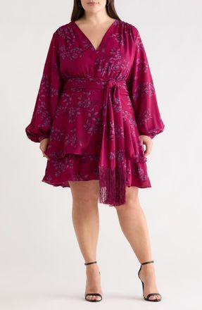 Sugarlips Zurum Floral Print Fringe Long Sleeve Dress in Magenta-Mult at Nordstrom, Size 1X