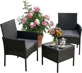 Relaxdays Relaxdays Garden Furniture Set, 3-piece rattan, for 2, 2x armchairs & glass table, outdoor, black