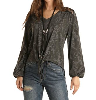 Panhandle Snake Print Tie Front Top In Black