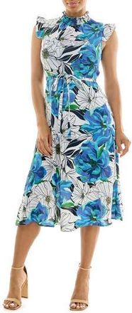 Nina Leonard Smocked Neck Tie Waist Midi Dress in Navy/Blue Multi at Nordstrom Rack, Size X-Large