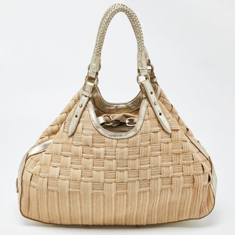 Cole Haan Beige/gold Woven Canvas And Leather Satchel