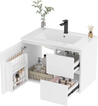 STILVORA Mueble De Lavabo Suspendido Con 2 Puertas, 1 Caj&oacute;n, Luz Led Con Sensor Y Lavabo Integrado, Mdf, 76x46x50 Cm, Blanco