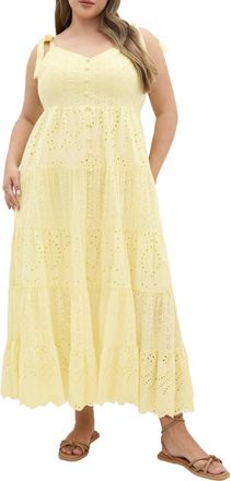 City Chic Allegra Eyelet Lace Midi Sundress in Lemon Drop at Nordstrom, Size Xxs