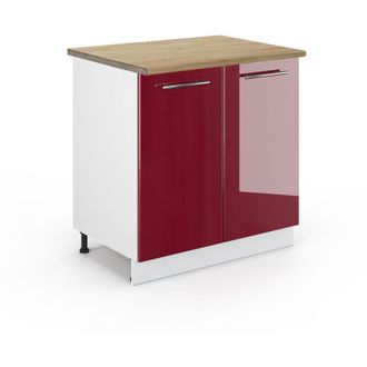 Vicco Armario Bajo Para Fregadero Fame-line, Rojo Burdeos Alto Brillo, 80 Cm Con Estante, Et Roble Vicco