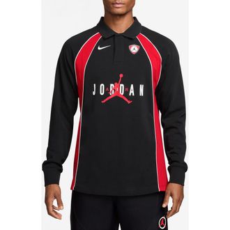Nike Jordan Flight Long Sleeve Cotton Polo in Black/University Red/Red at Nordstrom, Size Small