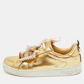 Roberto Cavalli Gold Leather Crystal Embellished Low Top Sneakers