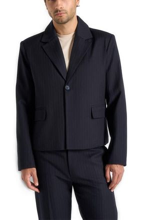 Mani&egrave;re De Voir Silas Pinstriped Tailored Cropped Blazer in Navy Pinstripe at Nordstrom, Size X-Small