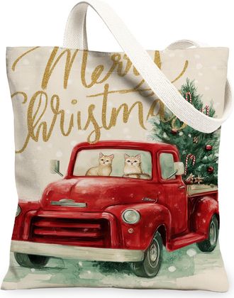 Generic Christmas Cats Canvas Tote Bags, Retro Vehicle Pattern Reusable Grocery Bags, Holiday Lightweight Washable Shoulder Strap Canvas for Shopping Outdoor 