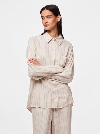 Pieces Hemdbluse PIECES PCPIA LS LOOSE SHIRT WVN NOOS, Damen, Gr. XS (34), schwarz (birch stripes:schwarz), Web, Obermaterial: 70% Viskose, 30% Leinen, gestr