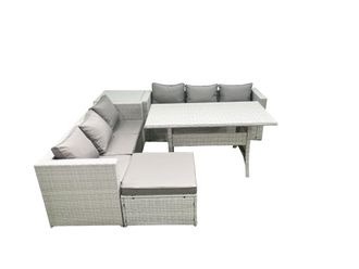 Fimous Rattan Garden Furniture Set 7 Seater Outdoor Sofa Set with Dining Table Side Table Big Footstool Light Grey Mixed