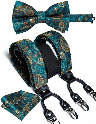 Generic Gold Paisley Silk Suspenders Men Leather Metal 6 Clips Braces Elastic Suspenders Trouser Straps Mens