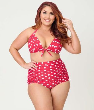 Unique Vintage Plus Size Monroe Halter Bikini Top in Red & White Polka Dot Print at Nordstrom, Size 2X