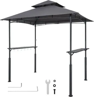 OEM Gazebo Para Barbacoa, Refugio Reforzado De Acero Para Barbacoa Con Recubrimiento En Polvo 243 X 150 X 250 Cm Con Techo De 2 Niveles, 2 Estantes Latera