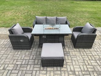 Fimous Patio Outdoor Rattan Garden Furniture Set Propane Gas Fire Pit Table Burner with Lounge Sofa Footstool in Dark Grey