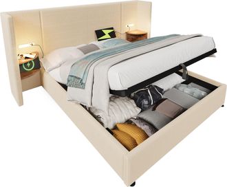 STILVORA Cama Con Arc&oacute;n 160 X 200 Cm De Terciopelo Acanalado, Cama Doble Con L&aacute;mpara De Lectura, Usb Y Tipo-c, Colch&oacute;n Incluido, Beige