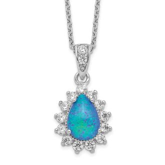 Diamond2Deal Sterling Silver Cabochon Lab Created Blue Opal and Cubic Zirconia Pear Necklace
