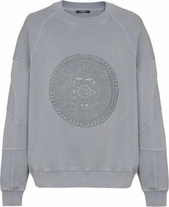 Balmain Sweatshirts, male, Gray, Size: 3XL Embroidered Bamain Médaie sweatshirt