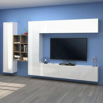 Dmora Pared Equipada Dcaldar, Conjunto De Sal&oacute;n Mueble Tv Con 4 Puertas, Mueble De Sal&oacute;n Polivalente, 100% Made In Italy, Cm 280x30h180, Blanco Brillo Y Arc