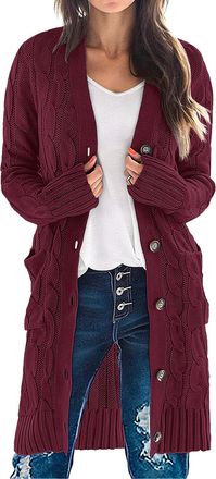 Merokeety Womens 2025 Long Sleeve Cable Knit Long Cardigan Open Front Button Sweater Outerwear, Wine, XXL