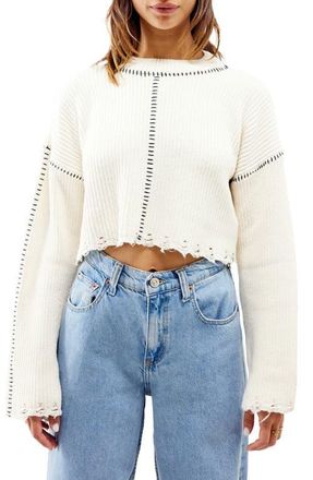 BDG Distressed Topstitch Rib Crop Sweater in Cream at Nordstrom, Size Small