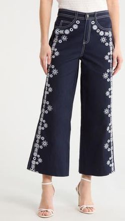 Cinq &agrave; Sept Mazie Eyelet Detail Stretch Cotton Pants in Navy/White at Nordstrom Rack, Size 6