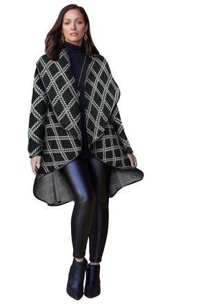 Jessica London Faux Leather-Trim Sweater in Black Windowpane at Nordstrom, Size 16