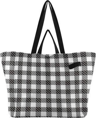 Generic Plaid Check print Reusable Canvas Tote Bag, Heavy Duty Grocery Shopping Bag with Double Handles Large Capacity Hard Bottom Work Groceries Travel