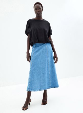 Contemporaine Womens Vertical cutouts denim midi skirt
