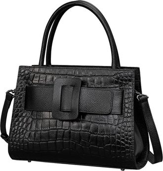 Generic Fashion Genuine Leather Satchel Handbag for Women Crocodile Crossbody Bag Top Handle Purse Ladies Shoulder Bags (Black)