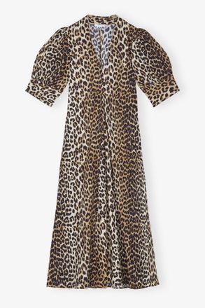 Ganni Mixed Leopard Cotton Poplin V-neck Maxi Dress - Size 8/10 Organic