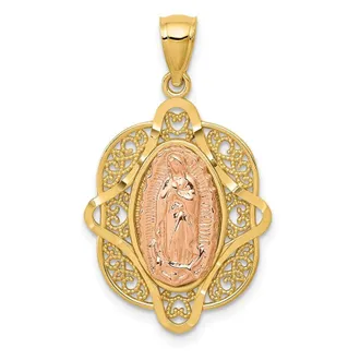 Diamond2Deal 14k Two-tone Gold Rose Virgin Mary Pendant