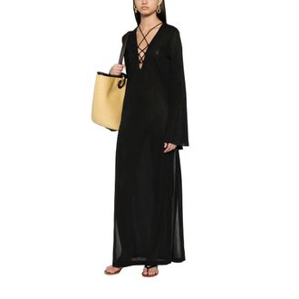 Andamane Beachwear, female, Black, Size: 2XS Lace-up Flared-sleeve Maxi Dress