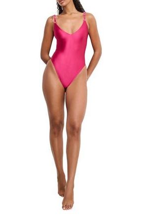 Good American Satin Deep V One-Piece Swimsuit in Fuschia002 at Nordstrom Rack, Size Medium