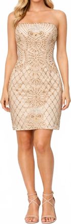Sue Wong Strapless Beaded Ribbon Swirl Mesh Dress In Champagne