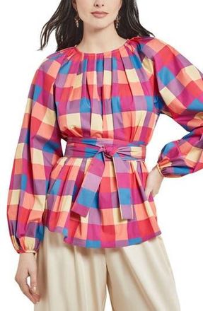 Misook Check Tie Waist Shirt in Radiant Pink/adriatic Blu/parc at Nordstrom Rack, Size X-Small