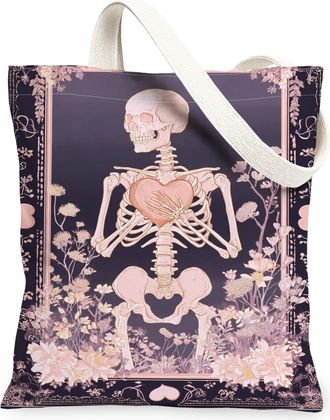 Generic Halloween Skeleton Canvas Tote Bags, Vintage Floral Design Reusable Grocery Bags, Lightweight Washable Shoulder Strap, Black, 13x15 Inch