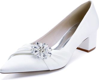 Generic Wedding Bridal Shoes Womens Chunky Heels Ankle Strap Low Heel Bridal Pointed Toe Pumps Prom Party Dress Shoes 4.5Cm,White,10 UK