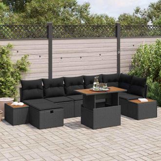 vidaXL Conjunto De Sof&aacute; De Jard&iacute;n Con Coj&iacute;n 8 Pcs Negro Polirat&aacute;n