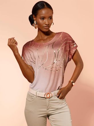 Cr&eacute;ation L Print-Shirt CREATION L Druck-Shirt, Damen, Gr. 36, ecru, papaya, bedruckt, 95% Viskose, 5% Elasthan, bedruckt, gemustert, mehrfarbig, Rundhals, Shirts